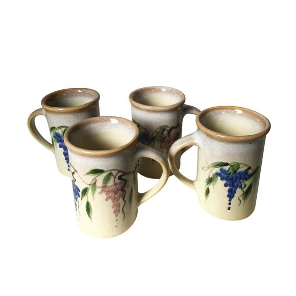 Emerson Creek Pottery Set of 4 Mugs Blue Pink Wisteria Pattern - Picture 4 of 5